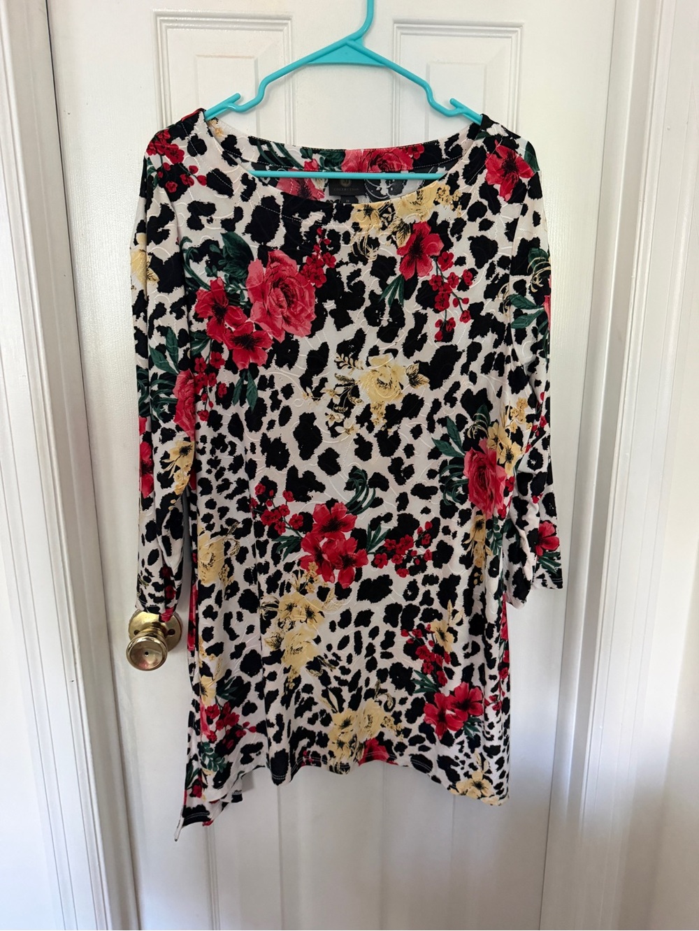 JM Collection Black, Red & Yellow Floral Animal Print Scoop Neck Top